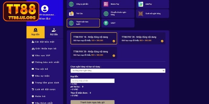 Thanh toán trực tuyến tại TT88